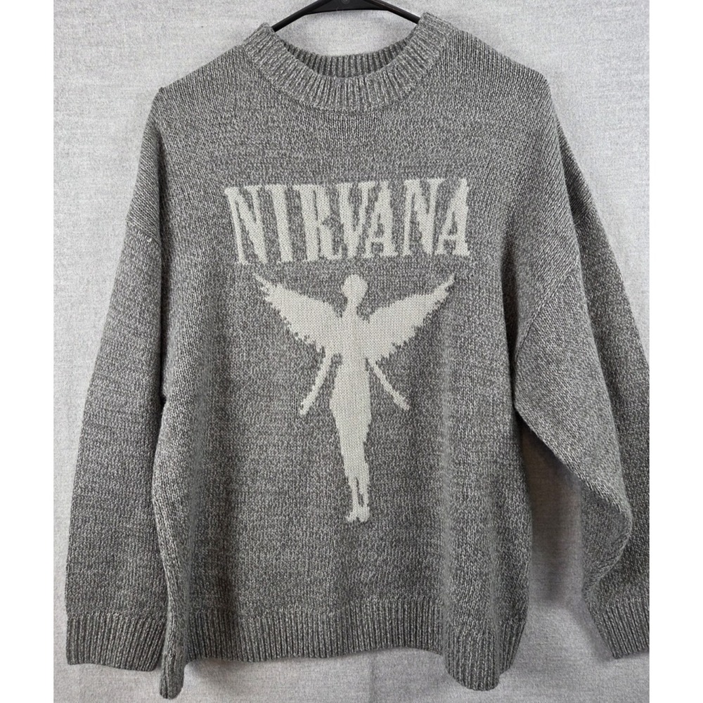 NIRVANA Graphic Grey Marl Knit Sweater Womens M Y2K Grunge Band Seattle H&M